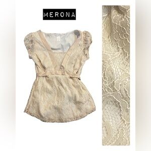 Merona Lace Overlay Ivory Blouse Size XS Satin Trim Short Sleeve